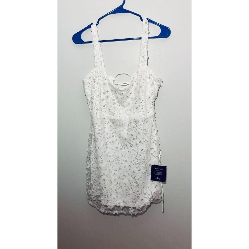 Lulus White Sequin Floral Dress Womens Medium Lace Up Back Party Mini